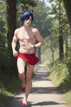 masterpiece, best quality,1boy, animal ears, blue eyes,colored sclera, black hair, cat ears, multicolored hair, freckles,1boys,  two-tone hair, blue hair, male focus, lips, short hair, black sclera, gay_sex, full_body, uncensored, male_only, running out of forest, nude,running, running away down path, red thong,bare_foot, red mini skirt, barefeet