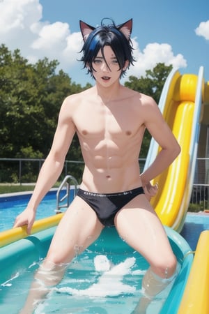 masterpiece, best quality, solo, animal ears, blue eyes,colored sclera, black hair, cat ears, multicolored hair, freckles,1boy,  two-tone hair, blue hair, male focus, lips, short hair, black sclera, topless, gay_sex, full_body, uncensored, male_only,speedo, water park, towel, giant water slide, crowd, top of water slide,