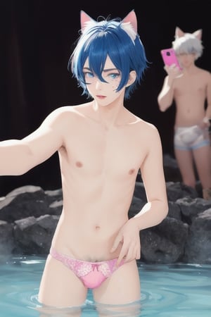 ((masterpiece)), best quality, animal ears, blue eyes,colored sclera, black hair, cat ears, multicolored hair, freckles,1boys,  two-tone hair, blue hair, male focus, lips, short hair, black sclera, topless, gay_sex, full_body, uncensored, male_only, cute twink boy standing in the hotspring wearing pink panties and stockings, boy with small dick in the panties, small penis bulge, feminine body, feminine boy, submissive, taking selfie, body with small dick,  boy with wide hips, big ass, perfection model, perfect body, perfect cock, complex_background, detailed face, detailed hands,High detailed, realhands, holding_cellphone, surrounded by naked fat old men,