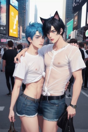 masterpiece, best quality, animal ears, blue eyes,colored sclera, black hair, cat ears, multicolored hair, freckles,1boys,  two-tone hair, blue hair, male focus, lips, short hair, black sclera, topless, gay_sex, full_body, uncensored, male_only, old style, looking at viewer, , shirt, navel, standing, white shirt, short sleeves, cowboy shot, midriff, short shorts, lips, denim, t-shirt, clothes writing, freckles,  realistic, tied shirt, street corner, daisy duke shorts, tight shirt, midnight, male prostitute, slut written on shirt, cowboy boots, dark night,  crowd, nighttime, wet_clothes, male_nipples see through shirt, time square , butt_cheeks, fly open
