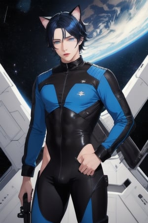 masterpiece, best quality, solo, animal ears, blue eyes,colored sclera, black hair, cat ears, multicolored hair, freckles,1boy,  two-tone hair, blue hair, male focus, lips, short hair, black sclera, full_body, uncensored, male_only,homoerotic,  science fiction, scenery,holding weapon, blue skin tight  bodysuit, spaceship background,underwear_bulge,crotch_bulge, male genital_bulge, pinis outling bulge, in crews quaters, space bed