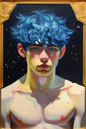 masterpiece, animal ears, blue eyes,colored sclera, black hair, cat ears, multicolored hair, freckles,2boy,  two-tone hair, blue hair, male focus, lips, short hair, black sclera, topless, gay_sex, full_body, uncensored, male_only, Oil Painting, painting in gold frame, nude, in Van Gogh style of painting, boys running ,