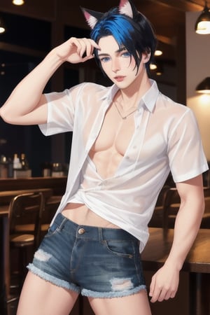 masterpiece, best quality, animal ears, blue eyes,colored sclera, black hair, cat ears, multicolored hair, freckles,1boys,  two-tone hair, blue hair, male focus, lips, short hair, black sclera, topless, gay_sex, full_body, uncensored, male_only, old style, looking at viewer, , shirt, navel, standing, white shirt, short sleeves, cowboy shot, midriff, short shorts, lips, denim, t-shirt, clothes writing, freckles,  realistic, tied shirt, daisy duke shorts, tight shirt, midnight, male prostitute, "slut" written on shirt, cowboy boots, dark night,  crowd, nighttime, wet_clothes, male_nipples see through shirt, in pub, butt_cheeks, fly down, 
