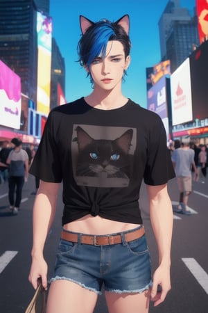 masterpiece, best quality, animal ears, blue eyes,colored sclera, black hair, cat ears, multicolored hair, freckles,1boys,  two-tone hair, blue hair, male focus, lips, short hair, black sclera, topless, gay_sex, full_body, uncensored, male_only, old style, looking at viewer, , shirt, navel, standing, white shirt, short sleeves, cowboy shot, midriff, short shorts, lips, denim, t-shirt, clothes writing, freckles,  realistic, tied shirt, street corner, daisy duke shorts, tight shirt, midnight, male prostitute, slut written on shirt, cowboy boots, dark night,  crowd, nighttime, wet_clothes, male_nipples see through shirt, time square , butt_cheeks, fly open
