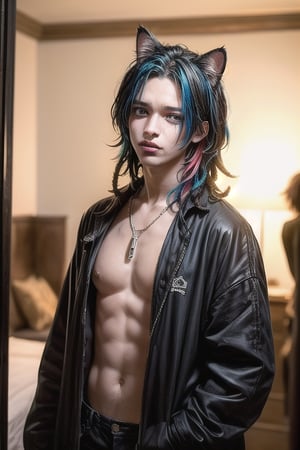 masterpiece, best quality, animal ears, blue eyes,colored sclera, black hair, cat ears, multicolored hair, freckles,1boys,  two-tone hair, blue hair, male focus, lips, short hair, black sclera, topless, gay_sex, full_body, uncensored, male_only,topless,nude, ultra Realistic, 80’s hotel room, Dirty, garbage-filled hotel room,  Dirty Rotten Imbeciles, Straight Edge, Chaos UK, (hardcore Punk fashion),  jokey And playful expression, Septum Piercing, more Coal, Ratty dreads, Crust core,anti union flag design, {chain storm}, stained clothes, spike hair, photo r3al, man standing by boy, old man handing boy money