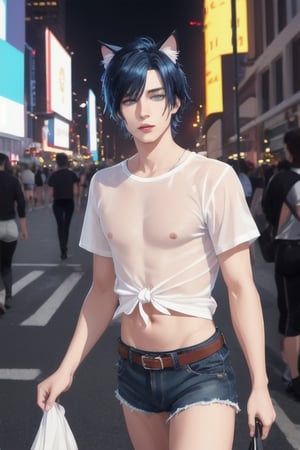 masterpiece, best quality, animal ears, blue eyes,colored sclera, black hair, cat ears, multicolored hair, freckles,1boys,  two-tone hair, blue hair, male focus, lips, short hair, black sclera, topless, gay_sex, full_body, uncensored, male_only, old style, looking at viewer, , shirt, navel, standing, white shirt, short sleeves, cowboy shot, midriff, short shorts, lips, denim, t-shirt, clothes writing, freckles,  realistic, tied shirt, street corner, daisy duke shorts, tight shirt, midnight, male prostitute, slut written on shirt, cowboy boots, dark night,  crowd, nighttime, wet_clothes, male_nipples see through shirt, time square , butt_cheeks, fly down, 
