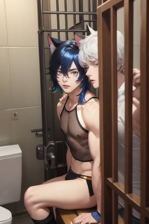 2boy ,masterpiece, best quality, animal ears, blue eyes,colored sclera, black hair, cat ears, multicolored hair, freckles, two-tone hair, blue hair, male focus, lips, short hair, black sclera,fishnet,thong, highheels, miniskirt, tube_top, halter_top, male breast,  inside jail cell, in  detention center, metal bench, metal prison toilet,  lock-up, behind bars