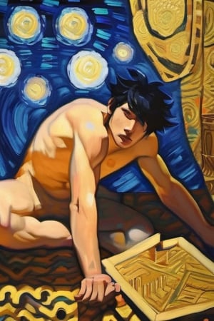 masterpiece, animal ears, blue eyes,colored sclera, black hair, cat ears, multicolored hair, freckles,2boy,  two-tone hair, blue hair, male focus, lips, short hair, black sclera, topless, gay_sex, full_body, uncensored, male_only, Oil Painting, painting in gold frame, nude,(in van gogh painting style),  Post-Impressionism, bold colors and expressive,textured brushwork,expressive lines,wavey directions, penis,classical art poses,nude