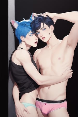 ((masterpiece)), best quality, animal ears, blue eyes,colored sclera, black hair, cat ears, multicolored hair, freckles,1boys,  two-tone hair, blue hair, male focus, lips, short hair, black sclera, topless, gay_sex, full_body, uncensored, male_only, cute twink boy standing in the gloryhole wearing pink panties and stockings, boy with small dick in the panties, small penis bulge, feminine body, feminine boy, submissive, taking selfie, body with small dick,  boy with wide hips, big ass, perfection model, perfect body, perfect cock, complex_background, detailed face, detailed hands,High detailed, realhands, holding_cellphone, 3men,surrounded by naked fat old men, kissing old man, black walls, on knees,fallatio