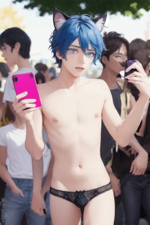 ((masterpiece)), best quality, animal ears, blue eyes,colored sclera, black hair, cat ears, multicolored hair, freckles,1boys,  two-tone hair, blue hair, male focus, lips, short hair, black sclera, topless, gay_sex, full_body, uncensored, male_only, cute twink boy standing in the parade wearing pink panties, boy with small dick in the panties, small penis bulge, feminine body, feminine boy, submissive, taking selfie, body with small dick,  boy with wide hips, big ass, perfection model, perfect body, perfect cock, complex_background, detailed face, detailed hands,High detailed, realhands, kissing,holding_cellphone,nude,   (many onlookers looking at boy), gay pride parade, crowd