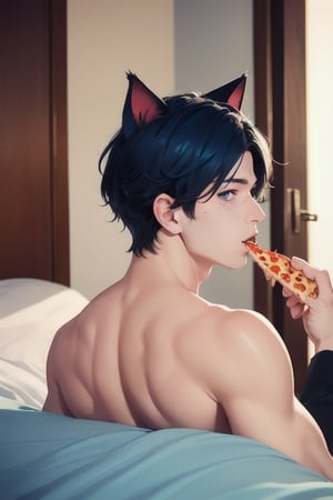 1boy and 1man,masterpiece, best quality, animal ears, blue eyes,colored sclera, black hair, cat ears, multicolored hair, freckles,1boys,  two-tone hair, blue hair, male focus, lips, short hair, black sclera, topless, gay_sex, full_body, uncensored, male_only, in hotel room,  answering door, pizza man at door,pizza box, pizzaman in background, viewed_from_behind, pizzaman in dominos uniform,eating pizza in bed, man watching boy, naked , eating pizza
