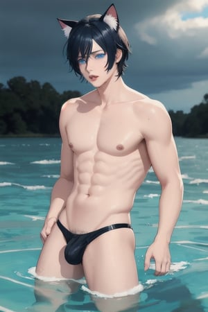 masterpiece, best quality, solo, animal ears, blue eyes,colored sclera, black hair, cat ears, multicolored hair, freckles,1boy,  two-tone hair, blue hair, male focus, lips, short hair, black sclera, topless, gay_sex, uncensored, male_only,speedo, in black water, gaint t vertex, caught in vertex drowning, vertex sucking boy down, dark stormy sky, vertex, maelstroms