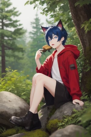 masterpiece, best quality, solo, animal ears, blue eyes,colored sclera, black hair, cat ears, multicolored hair, freckles,1boy, two-tone hair, blue hair, male focus, lips, short hair, black sclera,dressed like little red ridding hood,  in forest, short red skirt, sitting on rock, eating mushroom, wild_mushroom, 