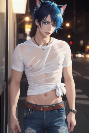 masterpiece, best quality, animal ears, blue eyes,colored sclera, black hair, cat ears, multicolored hair, freckles,1boys,  two-tone hair, blue hair, male focus, lips, short hair, black sclera, topless, gay_sex, full_body, uncensored, male_only, old style, looking at viewer, , shirt, navel, standing, white shirt, short sleeves, cowboy shot, midriff, short shorts, lips, denim, t-shirt, clothes writing, freckles,  realistic, tied shirt, street corner, daisy duke shorts, tight shirt, midnight, male prostitute, slut written on shirt, cowboy boots, dark night,  crowd, nighttime, wet_clothes, male_nipples see through shirt,in strip club, butt_cheeks, fly down, 
