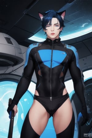 masterpiece, best quality, solo, animal ears, blue eyes,colored sclera, black hair, cat ears, multicolored hair, freckles,1boy,  two-tone hair, blue hair, male focus, lips, short hair, black sclera, full_body, uncensored, male_only,homoerotic,  science fiction, scenery,holding weapon, blue skin tight  bodysuit, spaceship background,underwear_bulge,crotch_bulge, male genital_bulge