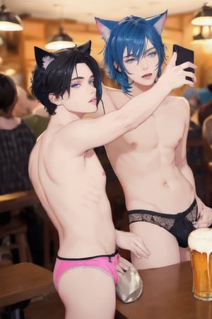 ((masterpiece)), best quality, animal ears, blue eyes,colored sclera, black hair, cat ears, multicolored hair, freckles,1boys,  two-tone hair, blue hair, male focus, lips, short hair, black sclera, topless, gay_sex, full_body, uncensored, male_only, cute twink boy standing in the hofbrauhaus wearing pink panties and stockings, boy with small dick in the panties, small penis bulge, feminine body, feminine boy, submissive, taking selfie, body with small dick,  boy with wide hips, big ass, perfection model, perfect body, perfect cock, complex_background, detailed face, detailed hands,High detailed, realhands, holding_cellphone, 3men,surrounded by naked fat old men, kissing old man, large beer
