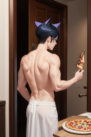 masterpiece, best quality, animal ears, blue eyes,colored sclera, black hair, cat ears, multicolored hair, freckles,1boys,  two-tone hair, blue hair, male focus, lips, short hair, black sclera, topless, gay_sex, full_body, uncensored, male_only, in hotel room, wearing towel,towel around waiste, answering door, pizza man at door,pizza box, pizzaman in background, viewed_from_behind