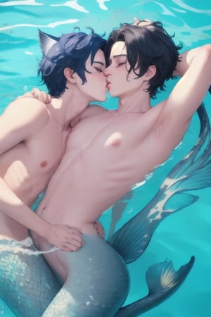 masterpiece, best quality, solo, animal ears, blue eyes,colored sclera, black hair, cat ears, multicolored hair, freckles,1boy,  two-tone hair, blue hair, male focus, lips, short hair, black sclera, topless, gay_sex, full_body, uncensored, male_only, nude, tiny circumcised_penis,nude,wading,underwater, air bubble, merman, mermaid body, eyes closed,pool bottom, man kissing sleeping boy
