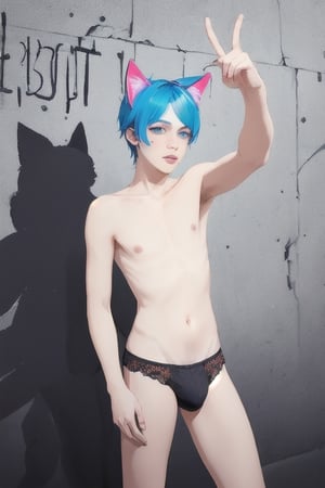 ((masterpiece)), best quality, animal ears, blue eyes,colored sclera, black hair, cat ears, multicolored hair, freckles,1boys,  two-tone hair, blue hair, male focus, lips, short hair, black sclera, topless, gay_sex, full_body, uncensored, male_only, cute twink boy standing in the  ‎East Side Gallery berlin wearing pink panties and stockings, boy with small dick in the panties, small penis bulge, feminine body, feminine boy, submissive, taking selfie, body with small dick,  boy with wide hips, big ass, perfection model, perfect body, perfect cock, complex_background, detailed face, detailed hands,High detailed, realhands, dark night, night_sky, in front of the berlin wall,The Kiss of Death, halter_top
