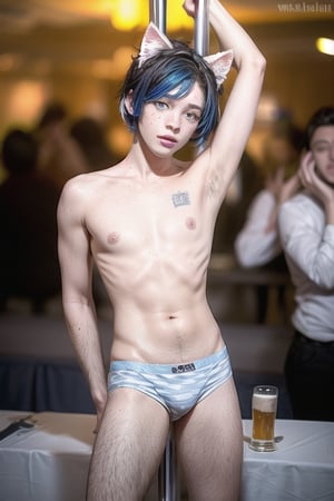 masterpiece, best quality, animal ears, blue eyes,colored sclera, black hair, cat ears, multicolored hair, freckles,1boys age 21,  two-tone hair, blue hair, male focus, lips, short hair, black sclera, gay_sex, full_body, uncensored, male_only, topless, ultra Realistic, oktoberfest ,beer tent, wear sky blue and white checker panties ,crowd, table beers , gay sex, pole dancing 