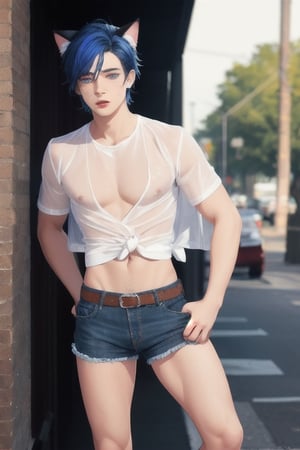 masterpiece, best quality, animal ears, blue eyes,colored sclera, black hair, cat ears, multicolored hair, freckles,1boys,  two-tone hair, blue hair, male focus, lips, short hair, black sclera, topless, gay_sex, full_body, uncensored, male_only, old style, looking at viewer, , shirt, navel, standing, white shirt, short sleeves, cowboy shot, midriff, short shorts, lips, denim, t-shirt, clothes writing, freckles,  realistic, tied shirt, daisy duke shorts, tight shirt, midnight, male prostitute, "slut" written on shirt, cowboy boots, dark night,  crowd, nighttime, wet_clothes, male_nipples see through shirt,in strip club, butt_cheeks, fly down, 
