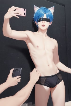 ((masterpiece)), best quality, animal ears, blue eyes,colored sclera, black hair, cat ears, multicolored hair, freckles,1boys,  two-tone hair, blue hair, male focus, lips, short hair, black sclera, topless, gay_sex, full_body, uncensored, male_only, cute twink boy standing in the gloryhole wearing pink panties and stockings, boy with small dick in the panties, small penis bulge, feminine body, feminine boy, submissive, taking selfie, body with small dick,  boy with wide hips, big ass, perfection model, perfect body, perfect cock, complex_background, detailed face, detailed hands,High detailed, realhands, holding_cellphone, 3men,surrounded by naked fat old men, kissing old man, black walls, glory wall, stuck, shiny, collarbone, shiny skin, upper body, solo, restrained, stationary restraints, lips, bare shoulders, 1boy, male breasts, blindfold, parted lips,through wall, black blindfold, short hair, sling,viewed_from_behind, sucking cock