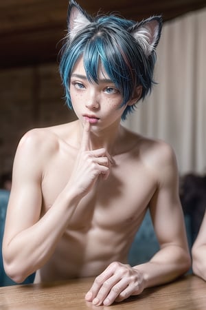 masterpiece, best quality, animal ears, blue eyes,colored sclera, black hair, cat ears, multicolored hair, freckles,1boys age 21,  two-tone hair, blue hair, male focus, lips, short hair, black sclera, gay_sex, full_body, uncensored, male_only, topless, ultra Realistic, oktoberfest ,beer tent, wear sky blue and white checker panties ,crowd, table beers , gay sex, young male, (naked , blue_long_socks) no facial hair, on table with beer mugs, whole body, tied_up_(sexual), mouth_gag_socks, blindfolded, male_chastity,