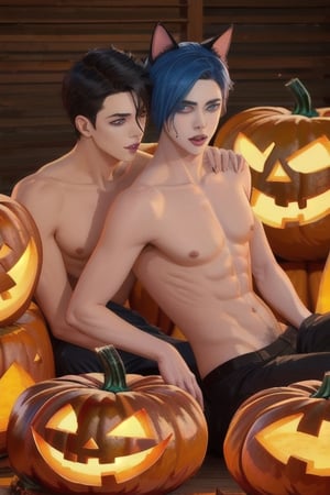 (halloween:1.3)masterpiece, best quality,3boys, animal ears, blue eyes,colored sclera, black hair, cat ears, multicolored hair, freckles, two-tone hair, blue hair, male focus, lips, short hair, black sclera, gay_sex, full_body, uncensored, male_only, jack-o-lantern, pumpkin,nude,sexy, costume, bobbing for apples game, sexy costume, sex with pumpkin, lewd,topless, crowd, nude, circumcised_penis, gay_sex, kissing boy, prositute, male breast, public_indecency,glory_hole,sex toys, on knees,2boys ,gay sex, midnight, pumpkin patch, zombie makeup,ass_sex, male body, male breast , ((sex from behind)), ((doggystyle)), hardcore sex, gay, penetrating_ass, prone bone, ((on stomach)), ass, nude, lying, sweat,orgasm, realistic, doggie_style, showing hanging penis, realistic skin tone, real life sex, boy enjoying orgasm, seductive eyes, seductive lips, sexy pose, 