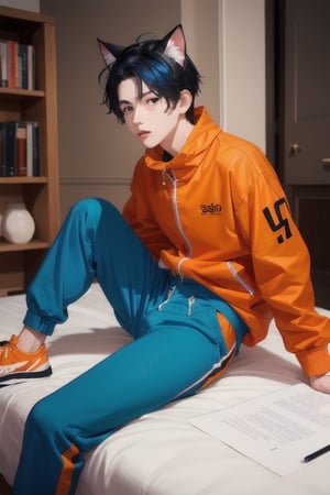 1boy,boy age 18,masterpiece, best quality, boy animal ears, boy blue eyes,boy colored sclera, boy black hair, cat ears, boy multicolored hair, boy freckles, boy two-tone hair, boy blue hair, male focus, lips, boy short hair, boy black sclera, boy in orange jump suit,signing papers at counter, mom with boy, bed room, orange jacket, orange pants,