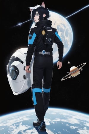 masterpiece, best quality, solo, animal ears, blue eyes,colored sclera, black hair, cat ears, multicolored hair, freckles,1boy,  two-tone hair, blue hair, male focus, lips, short hair, black sclera, full_body, uncensored, male_only, wearing vivid dark black and white space suit, helmet, tined face shield,Rear Angle, outer_space, spack walk , outside alien spaceship