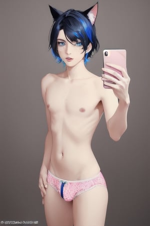 ((masterpiece)), best quality, animal ears, blue eyes,colored sclera, black hair, cat ears, multicolored hair, freckles,1boys,  two-tone hair, blue hair, male focus, lips, short hair, black sclera, topless, gay_sex, full_body, uncensored, male_only, cute twink boy standing in the museum wearing pink panties and stockings, boy with small dick in the panties, small penis bulge, feminine body, feminine boy, submissive, taking selfie, body with small dick,  boy with wide hips, big ass, perfection model, perfect body, perfect cock, complex_background, detailed face, detailed hands,High detailed, realhands, holding_cellphone,nude,  orgasm, climax, o-face, dripping cum,