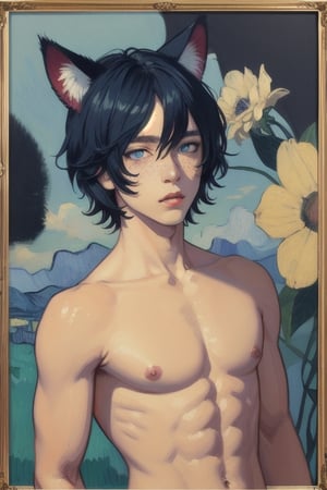 masterpiece,  solo, animal ears, blue eyes,colored sclera, black hair, cat ears, multicolored hair, freckles,2boy,  two-tone hair, blue hair, male focus, lips, short hair, black sclera, topless, gay_sex, full_body, uncensored, male_only, Oil Painting, painting in gold frame, nude,(in van gogh painting style),  Post-Impressionism