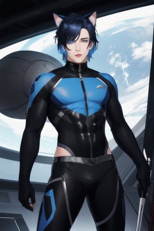 masterpiece, best quality, solo, animal ears, blue eyes,colored sclera, black hair, cat ears, multicolored hair, freckles,1boy,  two-tone hair, blue hair, male focus, lips, short hair, black sclera, full_body, uncensored, male_only,homoerotic,  science fiction, scenery,holding weapon, blue skin tight  bodysuit, spaceship background,underwear_bulge,crotch_bulge, male genital_bulge, pinis outling bulge