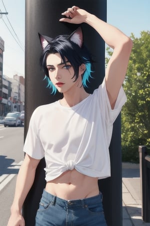 masterpiece, best quality, animal ears, blue eyes,colored sclera, black hair, cat ears, multicolored hair, freckles,1boys,  two-tone hair, blue hair, male focus, lips, short hair, black sclera, topless, gay_sex, full_body, uncensored, male_only, old style, looking at viewer, , shirt, navel, standing, white shirt, short sleeves, cowboy shot, midriff, short shorts, arms up, lips, denim, t-shirt, clothes writing, freckles, jeans, realistic, tied shirt, street corner, leaning against lamp post,daisy duke shorts, tight shirt, midnight, male prostitute, slut written on shirt, cowboy boots, dark night, in front of gay bar