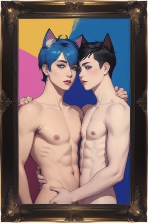 masterpiece,  solo, animal ears, blue eyes,colored sclera, black hair, cat ears, multicolored hair, freckles,2boy,  two-tone hair, blue hair, male focus, lips, short hair, black sclera, topless, gay_sex, full_body, uncensored, male_only, Oil Painting, painting in gold frame, nude,(andy warhol painting style ),  photographic silkscreen process,