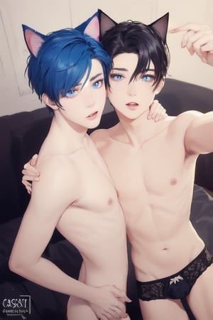 ((masterpiece)), best quality, animal ears, blue eyes,colored sclera, black hair, cat ears, multicolored hair, freckles,1boys,  two-tone hair, blue hair, male focus, lips, short hair, black sclera, topless, gay_sex, full_body, uncensored, male_only, cute twink boy standing in the funeral  wearing pink panties, boy with small dick in the panties, small penis bulge, feminine body, feminine boy, submissive, taking selfie, body with small dick,  boy with wide hips, big ass, perfection model, perfect body, perfect cock, complex_background, detailed face, detailed hands,High detailed, realhands, kissing,holding_cellphone,nude,  (many onlookers), casket, open casket, dead body, 