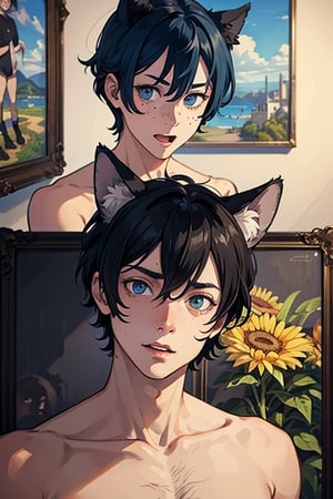 masterpiece, animal ears, blue eyes,colored sclera, black hair, cat ears, multicolored hair, freckles,2boy,  two-tone hair, blue hair, male focus, lips, short hair, black sclera, topless, gay_sex, full_body, uncensored, male_only, Oil Painting, painting in gold frame, nude,'Impasto Painting', painting of male, circumcised_penis,in bouguereau style, (looking to the camera with surprised face expression:2) 2 boys holing each ohter