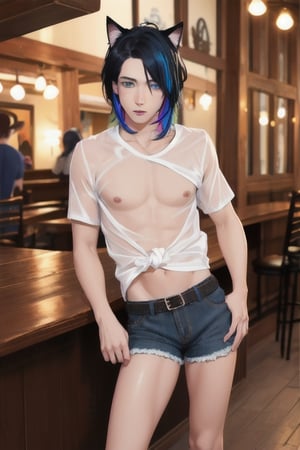 masterpiece, best quality, animal ears, blue eyes,colored sclera, black hair, cat ears, multicolored hair, freckles,1boys,  two-tone hair, blue hair, male focus, lips, short hair, black sclera, topless, gay_sex, full_body, uncensored, male_only, old style, looking at viewer, , shirt, navel, standing, white shirt, short sleeves, cowboy shot, midriff, short shorts, lips, denim, t-shirt, clothes writing, freckles,  realistic, tied shirt, daisy duke shorts, tight shirt, midnight, male prostitute, "slut" written on shirt, cowboy boots, dark night,  crowd, nighttime, wet_clothes, male_nipples see through shirt, in pub, butt_cheeks, fly down, 
