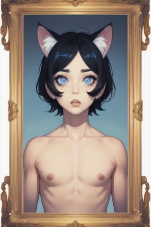 masterpiece,  solo, animal ears, blue eyes,colored sclera, black hair, cat ears, multicolored hair, freckles,1boy,  two-tone hair, blue hair, male focus, lips, short hair, black sclera, topless, gay_sex, full_body, uncensored, male_only, Oil Painting, painting in gold frame, nude,(margaret keane art), big eyes art, huge eyes,(big eyes art style)