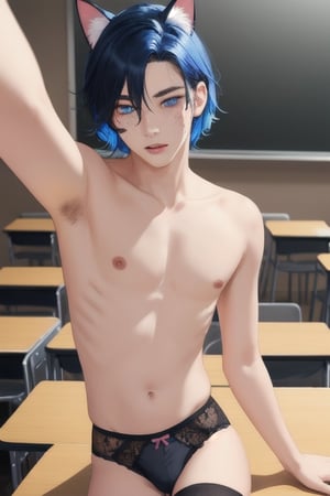 ((masterpiece)), best quality, animal ears, blue eyes,colored sclera, black hair, cat ears, multicolored hair, freckles,1boys,  two-tone hair, blue hair, male focus, lips, short hair, black sclera, topless, gay_sex, full_body, uncensored, male_only, cute twink boy standing in the class room wearing pink panties and stockings, boy with small dick in the panties, small penis bulge, feminine body, feminine boy, submissive, taking selfie, body with small dick,  boy with wide hips, big ass, perfection model, perfect body, perfect cock, complex_background, detailed face, detailed hands,High detailed,