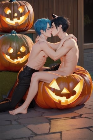 (halloween:1.3)masterpiece, best quality,3boys, animal ears, blue eyes,colored sclera, black hair, cat ears, multicolored hair, freckles, two-tone hair, blue hair, male focus, lips, short hair, black sclera, gay_sex, full_body, uncensored, male_only, jack-o-lantern, pumkin,nude,sexy, bucket of water with floating apples, costume, bobbing for apples game, sexy costume, sex with pumpkin, lewd,topless, crowd, nude, circumcised_penis, gay_sex, kissing boy, prositute, male breast, public_indecency,glory_hole,sex toys, on knees,2boys ,gay sex