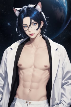 masterpiece, best quality, solo, animal ears, blue eyes,colored sclera, black hair, cat ears, multicolored hair, freckles,1boy,  two-tone hair, blue hair, male focus, lips, short hair, black sclera, topless, gay_sex, full_body, uncensored, male_only, jewelry, (1Man)､from below､ cerling､ tellaported into alien world, topless, lab coat,outerspace, in tellapport beam, in orange light, 