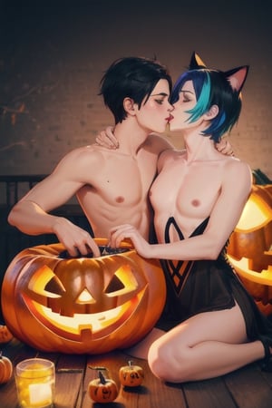 (halloween:1.3)masterpiece, best quality,3boys, animal ears, blue eyes,colored sclera, black hair, cat ears, multicolored hair, freckles, two-tone hair, blue hair, male focus, lips, short hair, black sclera, gay_sex, full_body, uncensored, male_only, jack-o-lantern, pumkin,nude,sexy, bucket of water with floating apples, costume, bobbing for apples game, sexy costume, sex with pumpkin, lewd,topless, crowd, nude, circumcised_penis, gay_sex, kissing boy