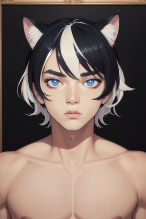 masterpiece,  solo, animal ears, blue eyes,colored sclera, black hair, cat ears, multicolored hair, freckles,2boy,  two-tone hair, blue hair, male focus, lips, short hair, black sclera, topless, gay_sex, full_body, uncensored, male_only, Oil Painting, painting in gold frame, nude,(margaret keane art), big eyes art, huge eyes,(big eyes art style), gigantic eyes, oversized eyes