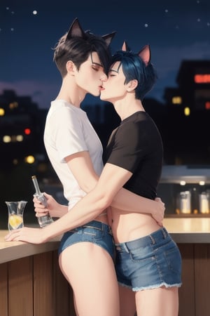 masterpiece, best quality, animal ears, blue eyes,colored sclera, black hair, cat ears, multicolored hair, freckles,1boys,  two-tone hair, blue hair, male focus, lips, short hair, black sclera, topless, gay_sex, full_body, uncensored, male_only, old style, looking at viewer, , shirt, navel, standing, white shirt, short sleeves, cowboy shot, midriff, short shorts, lips, denim, t-shirt, clothes writing, freckles,  realistic, tied shirt, daisy duke shorts, tight shirt, midnight, male prostitute, "slut" written on shirt, cowboy boots, dark night,  crowd, nighttime, wet_clothes, male_nipples see through shirt, in disco, butt_cheeks, fly down, drinking martini glass,  grobing ass,kissing
