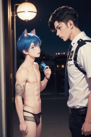 1boy and1man,masterpiece, best quality, animal ears, blue eyes,colored sclera, black hair, cat ears, multicolored hair, freckles, two-tone hair, blue hair, male focus, lips, short hair, black sclera,fishnet,thong, night_sky,  night, dark,  highheels, miniskirt, tube_top, halter_top, male breast,  inside police station, taking identifying photograph of boy, in jail, arrested, in prison 