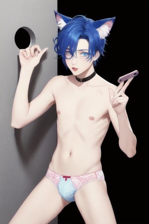 ((masterpiece)), best quality, animal ears, blue eyes,colored sclera, black hair, cat ears, multicolored hair, freckles,1boys,  two-tone hair, blue hair, male focus, lips, short hair, black sclera, topless, gay_sex, full_body, uncensored, male_only, cute twink boy standing in the gloryhole wearing pink panties and stockings, boy with small dick in the panties, small penis bulge, feminine body, feminine boy, submissive, taking selfie, body with small dick,  boy with wide hips, big ass, perfection model, perfect body, perfect cock, complex_background, detailed face, detailed hands,High detailed, realhands, holding_cellphone, 3men,surrounded by naked fat old men, kissing old man, black walls, on knees, penis over eyes