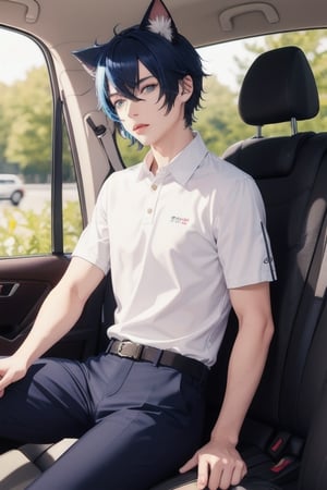 1boy and1man,masterpiece, best quality, animal ears, blue eyes,colored sclera, black hair, cat ears, multicolored hair, freckles, two-tone hair, blue hair, male focus, lips, short hair, black sclera, wearing white polo shirt, khaki pants, suitcase,school log on shirt, sitting in back seat of car