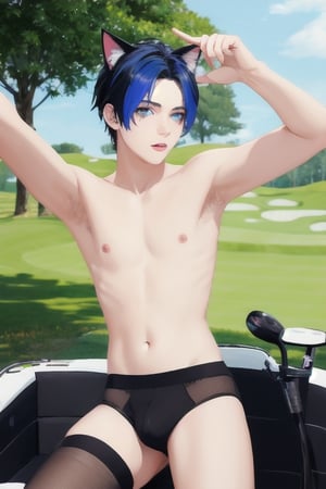 ((masterpiece)), best quality, animal ears, blue eyes,colored sclera, black hair, cat ears, multicolored hair, freckles,1boys,  two-tone hair, blue hair, male focus, lips, short hair, black sclera, topless, gay_sex, full_body, uncensored, male_only, cute twink boy standing in the golf course wearing pink panties and stockings, boy with small dick in the panties, small penis bulge, feminine body, feminine boy, submissive, taking selfie, body with small dick,  boy with wide hips, big ass, perfection model, perfect body, perfect cock, complex_background, detailed face, detailed hands,High detailed, realhands, golf cart, golfers