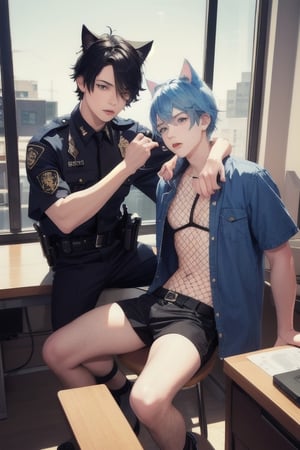 2boy ,masterpiece, best quality, animal ears, blue eyes,colored sclera, black hair, cat ears, multicolored hair, freckles, two-tone hair, blue hair, male focus, lips, short hair, black sclera,fishnet,thong, highheels, miniskirt, tube_top, halter_top, male breast,  inside police station, identification photo of boy, in jail, arrested, mugshot, police_officer taking identification photo, crowd
